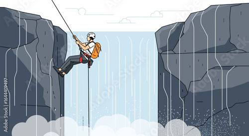 Illustration of a man rappelling down a cliff face near a cascading waterfall depicting adventure sports and outdoor activities