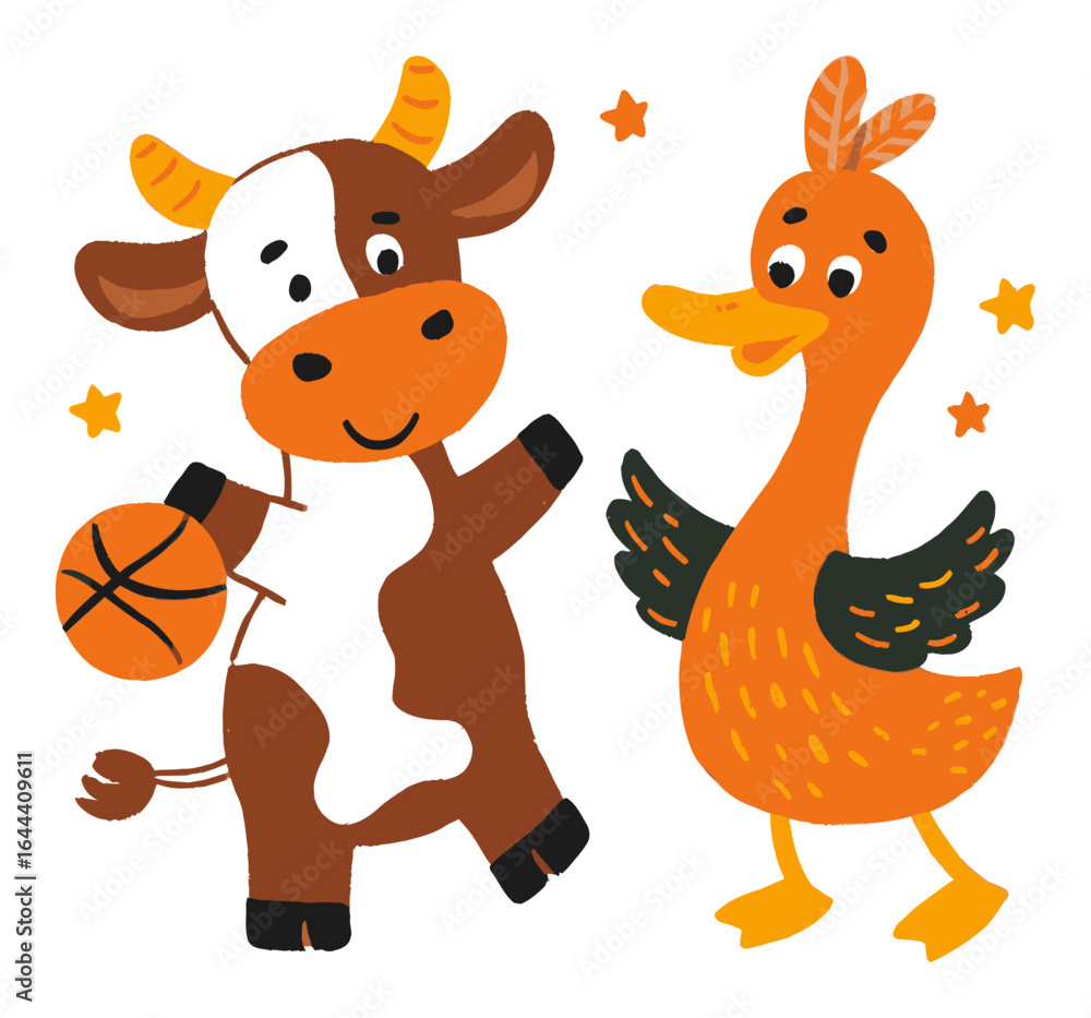 Fototapeta premium Playful Cartoon Cow and Duck Characters with Basketball Theme Design