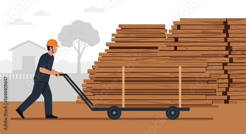 Illustration of a construction worker transporting wood on a trolley near a house with trees and clouds in the background