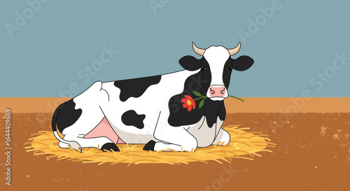 Illustration of a contented cow lying down with a flower in its mouth in a field