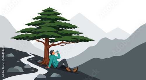 Illustration of a man resting under a tree while hiking in the mountains with a mountain view and drinking water