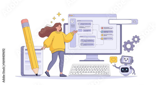 Illustration of a content creator interacting with ai tools for content creation and management