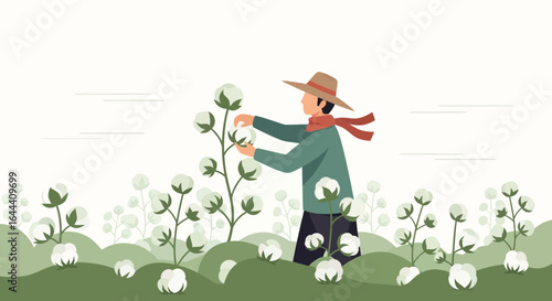 Illustration of a cotton farmer harvesting crops in a vast field landscape in daytime