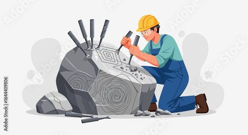 Illustration of a craftsman meticulously sculpting a stone block with precision tools and safety gear