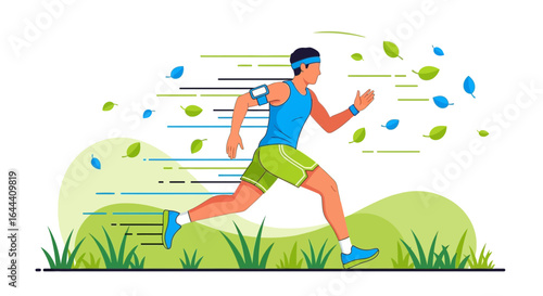Illustration of a man running outdoors with a modern design for promoting fitness and health