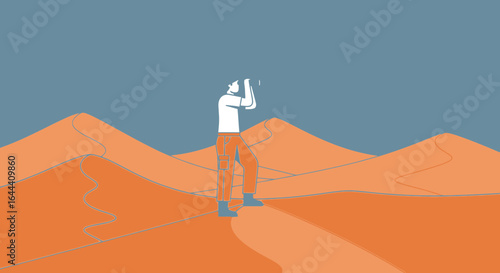 Illustration of a man searching in the desert landscape with a minimalist design visual