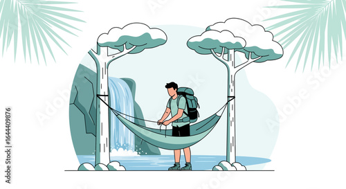 Illustration of a man setting up a hammock near a waterfall for relaxation and enjoying the scenery of nature and travel