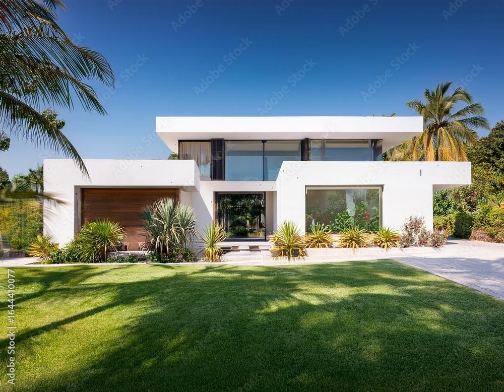 white modern villa with tropical front garden white modern villa with tropical front garden