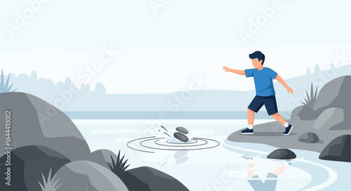 Illustration of a Man Throwing Stones into a Lake Surrounded by Rocks and Mountains with Ripples
