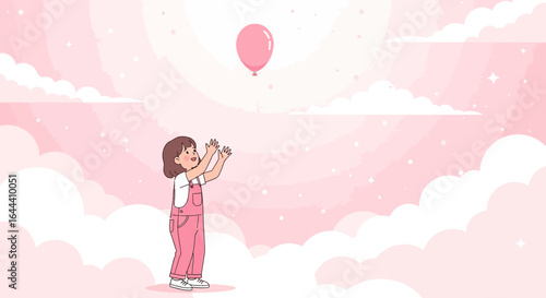Illustration of a cute girl reaching for a floating pink balloon against dreamy skies