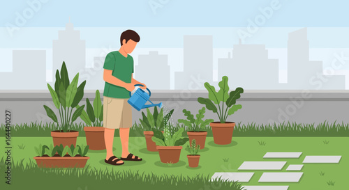 Illustration of a man watering potted plants in a backyard garden with city view