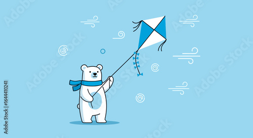 Illustration of a cute polar bear with a scarf flying a kite on a windy day