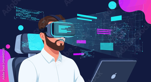 Illustration of a man wearing virtual reality headset with futuristic interface elements is display virtual reality technology