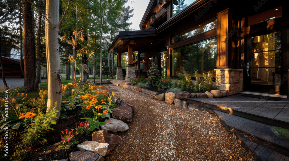 Fototapeta premium Beautifully landscaped pathway leads to modern home, surrounded by vibrant flowers and lush greenery. warm wooden exterior complements natural setting, creating serene atmosphere