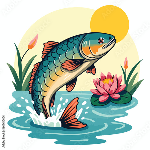 T Shirt Design Illustration of a cartoon trout swimming underwater in the ocean