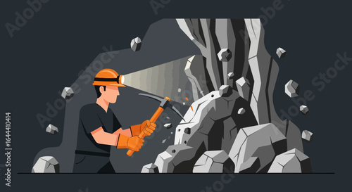 Illustration of a Miner Working Deep Underground with Pickaxe and Helmet Light in a Cave