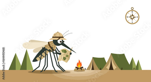 Illustration of a mosquito wearing a safari hat studying a map at a campsite