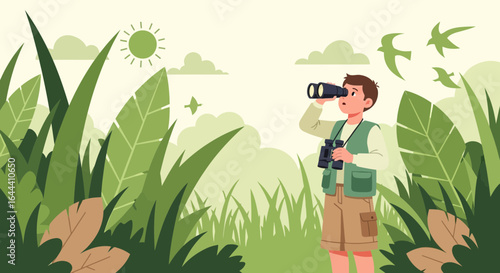 Illustration of a nature explorer using binoculars amidst lush greenery and birds flying