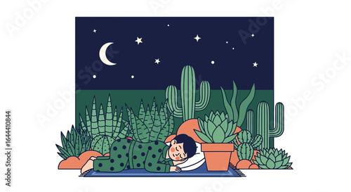 Illustration of a peaceful night scene with a person sleeping among cacti and stars