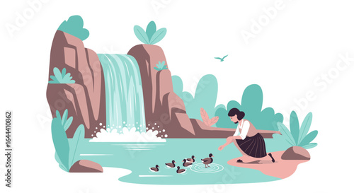 Illustration of a peaceful scene with a woman feeding ducks near a waterfall in a nature setting