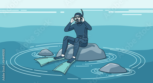 Illustration of a diver preparing to enter the water for underwater exploration