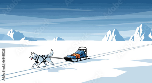 Illustration of a dog sledding through the arctic landscape with snow covered mountains in the background