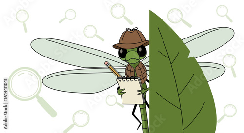 Illustration of a dragonfly detective with notepad and magnifier background creates an intriguing mystery concept