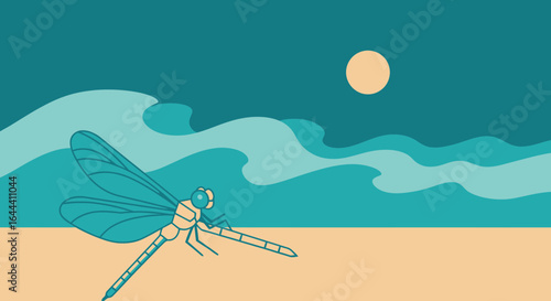 Illustration of a dragonfly on the beach, moonlit sea view in background showing minimalist art style