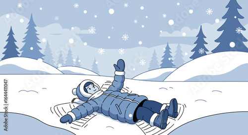 Illustration of a person making a snow angel in a snowy winter landscape with trees