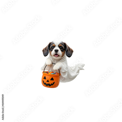 Wallpaper Mural Adorable Puppy Dressed as a Ghost with Halloween Candy Bucket.A cute, small puppy, likely a mixed breed, is dressed in a white ghost costume and is holding an orange Halloween pumpkin-shaped candy buc Torontodigital.ca