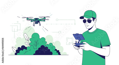 Illustration of a person piloting a drone over green trees with technology elements