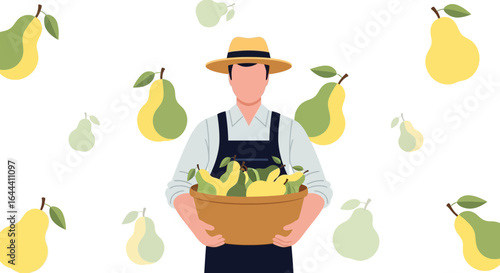 Illustration of a faceless farmer carrying a basket full of fresh ripe pears in the orchard