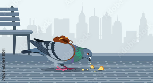 Illustration of a pigeon wearing a small bagpack and eating food on a city street with buildings in the background