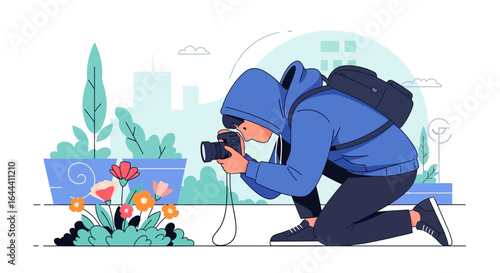 Illustration of a photographer taking pictures of flowers in an urban environment outdoor with backpack wearing hoodie and urban landscape