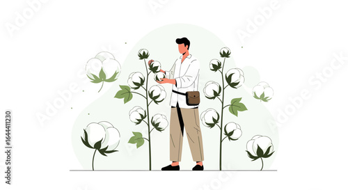 Illustration of a farmer harvesting cotton in a field, portraying agriculture and rural lifestyle with minimalist aesthetics