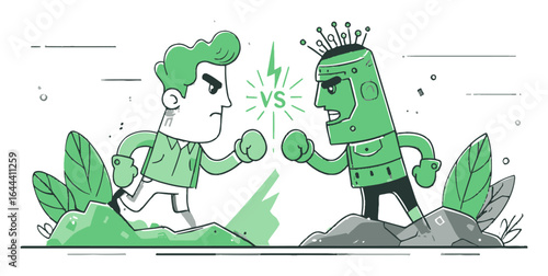 Cartoon Style Illustration of Human vs Robot in a Fun Face-off Scene