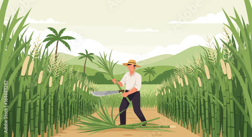 Illustration of a farmer harvesting sugarcane in a field with a machete and sugarcane plantation agriculture background
