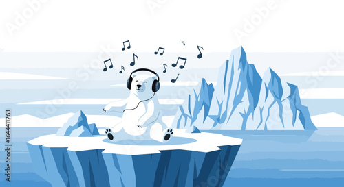 Illustration of a polar bear listening to music on an iceberg with headphones