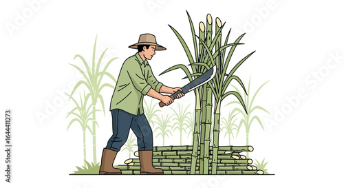 Illustration of a farmer harvesting sugarcane with a machete in a field setting