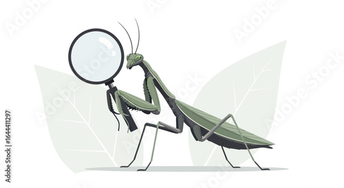 Illustration of a Praying Mantis Inspecting with a Magnifying Glass on White Background