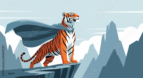 Illustration of a powerful tiger wearing a cape standing on a rocky cliff looking majestic with mountains background