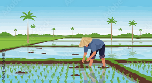 Illustration of a farmer planting rice in a paddy field with a traditional hat and palm trees in the background
