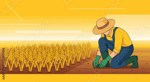 Illustration Of A Farmer Planting Seeds In A Golden Wheat Field On A Sunny Day