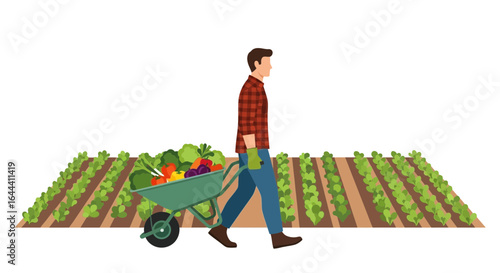 Illustration of a farmer pushing a wheelbarrow full of crops on a cultivated field