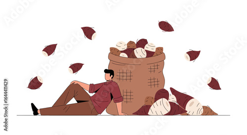 Illustration of a farmer resting after harvesting yams with a full sack of yams