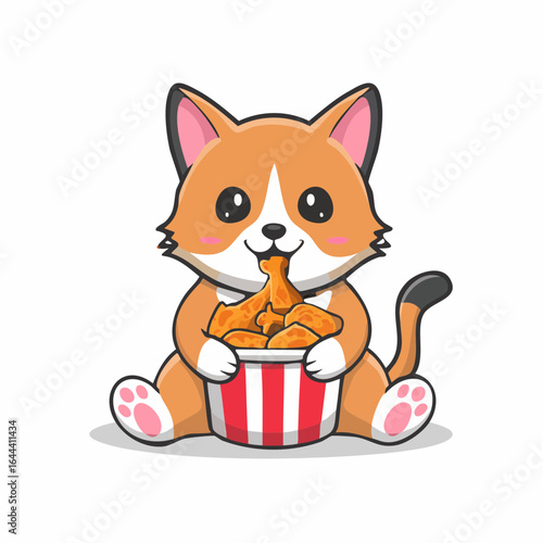 A cute cartoon cat happily devours a bucket of fried chicken, enjoying a meal.