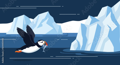 Illustration of a puffin bird flying over the arctic with a fish in its beak