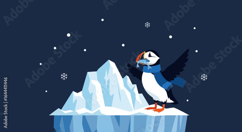 Illustration of a puffin bird with a fish in its beak standing on an iceberg wearing a scarf amidst a snowy backdrop
