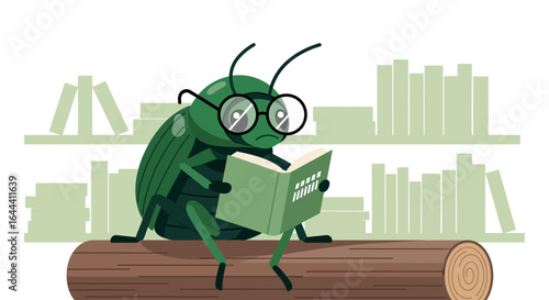Illustration of a scholarly beetle reading a book in front of bookshelves creates charming educational content