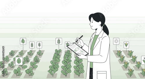 Illustration of a scientist in a field monitoring crop growth and development with a clipboard and pen in hand